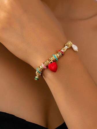 1pc Women's Braided Bracelet With Cute Heart Shaped Earrings, Fashionable, Elegant, Sweet Style Accessory For Daily Wear And Parties