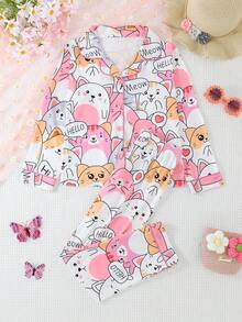 2pcs/Set Girls & Teens Casual Cartoon Cat Print Lapel Long Sleeve Cardigan And Pants Sleepwear Set, Flame Retardant, All Season