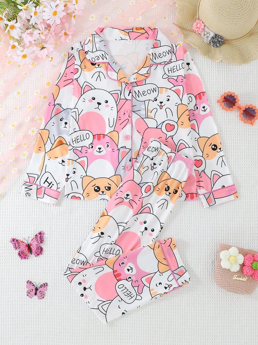 2pcs/Set Girls & Teens Casual Cartoon Cat Print Lapel Long Sleeve Cardigan And Pants Sleepwear Set, Flame Retardant, All Season