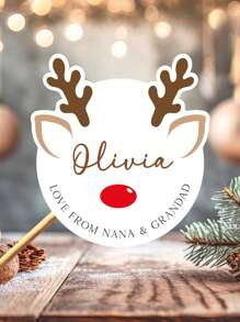 Personalisierte Weihnachts-Aufkleber-Geschenkanhänger - Größen: 40x40/50x50/70x70mm - mit Motiven von Weihnachtsmann, Rentier, Weihnachtsbaum - runde Namens-Geschenkanhänger - festliche Weihnachts-Tags