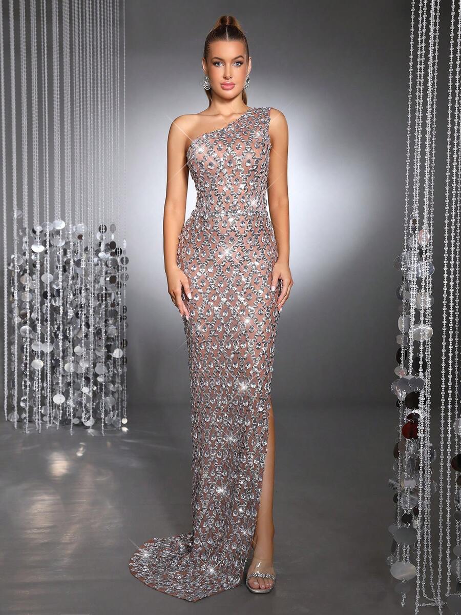 Abito lungo elegante da donna per cerimonie formali, banchetti e feste, realizzato a mano con brillantini di lusso, con spalla scoperta, senza maniche, con spacco alto e rete, adatto come abito da damigella d'onore per matrimoni