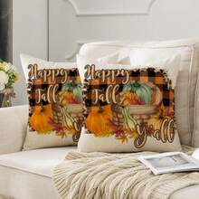 2 piezas (solo funda de almohada, sin relleno) Fundas decorativas de almohada con estampado de leopardo y cuadros de estilo de pintura al óleo vintage con diseño de calabaza, de lino cuadrado, adecuadas para dormitorio, sofá, sala de estar, oficina, hotel, granja, decoración de fiestas, Acción de Gracias, Día del Trabajo