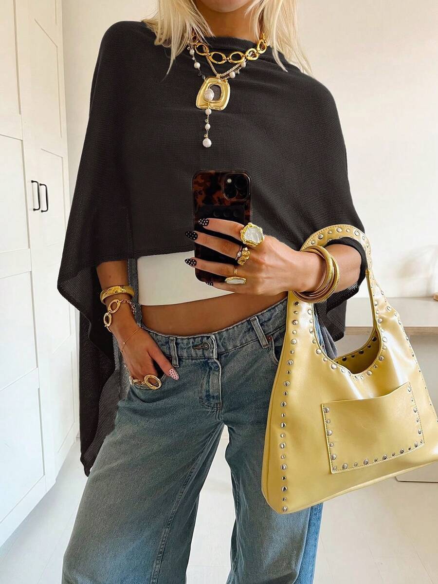 女士不对称披肩领 Y2K 风格蝙蝠袖短款针织上衣，轻薄透气套头毛衣，适合海滩、度假、返校季、春夏穿着 - 黑色 - 查看 1