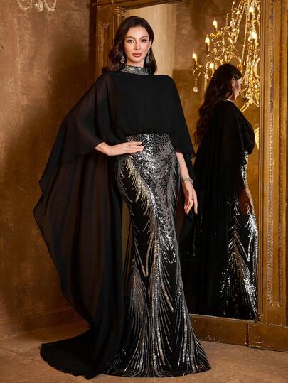  Vestido largo de gala, graduación o cena con cuello de pie, manga tipo capa, parches de lentejuelas y gasa de mujer UNITHORSE