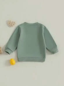 Sudadera de otoño para niño pequeño con estampado de dinosaurio y letras, manga larga, cuello redondo, blusa holgada - Verde - Ver 3
