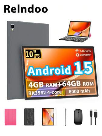 Relndoo Android 15 Tablet 2-In-1 With Keyboard And Mouse, 2025 TopS 10 Inch Android 15 Tablets, 4GB RAM+64GB ROM, 1280*800px HD Touchscreen, 2MP+8MP Dual Camera, RK3562 Quad-Core 2.0 GHz, Tablet PC With Case, Mouse, Stylus, Keyboard, 6000mAh Battery, Supports 1TB SD Expansion, 802.11n Wifi 2.4G/5GWireless, GPS, Certified Tablets (No Adapter)-Pink