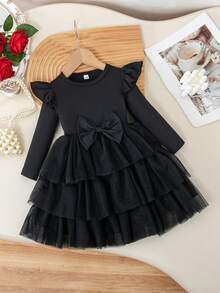 Baby Girl Cute Fashion Long Sleeve Bowknot Mesh Patchwork Dress, Spring/Autumn - Black - View 1
