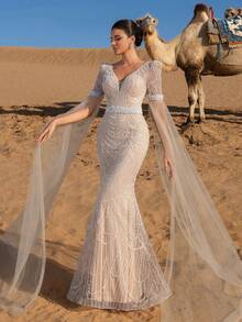 Faeriesty Luxury Women's Formal Evening Gown, Deep V-Neck, Sequin Embellished, Sheer Cape Sleeve Design, Glamorous Appearance - 香檳色 - 查看 6