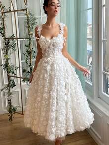 优雅蕾丝贴花花卉修身派对连衣裙，适合婚礼、生日、周年纪念、毕业派对、正式场合，四季皆宜。