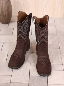 Women's Chunky Heel Suede Fabric Slip-On Embroidered Coffee Brown Western Boots, Low Heel Square Toe Mid-Calf Boots, Fashion Versatile Cowgirl Boots, New Autumn/Winter Short Shaft Cowboy Boots, Suede Fabric Western Style Boots - Coffee Brown - View 2
