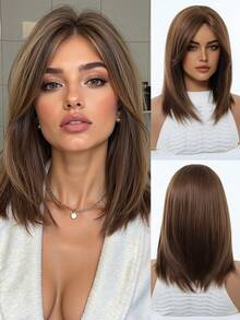 14 Inch Brown Wig With Bangs, Layered And Fashionable, Women's Synthetic Fiber Wig, Comfortable And Suitable For Holidays, Gatherings, And Everyday Wear - Brown - View 2