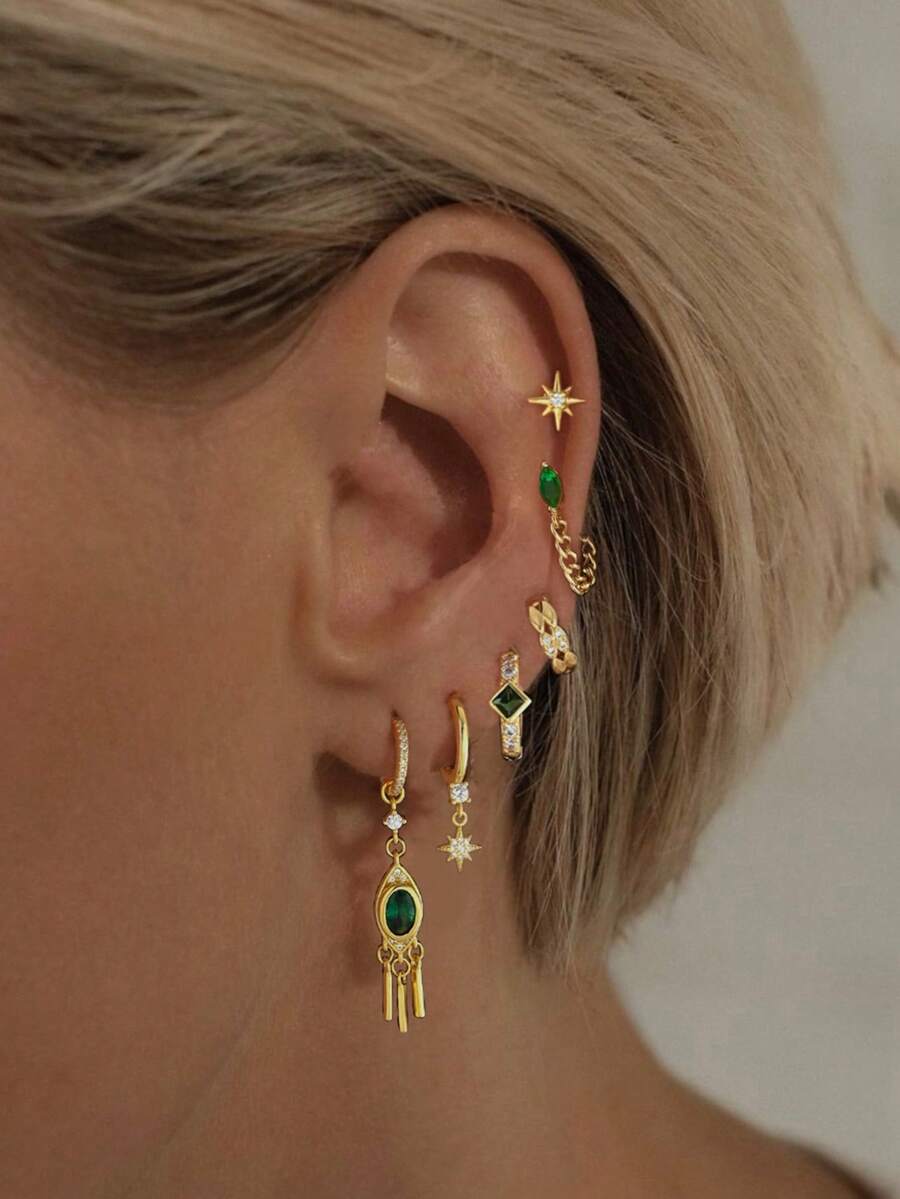 1 Set Of 6pcs Elegant Colorful Cubic Zirconia Stud Earrings, Suitable For Daily, Party, Holiday, Date Or Wedding