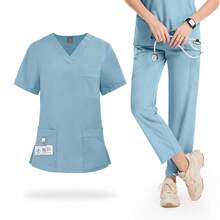 2pcs Women's Uniform - 4-Way Stretch V-Neck Top And Straight Leg Pants (8 Pockets), Fade-Resistant Hospital Scrubs, Street Fashion! - Baby Blue - View 4
