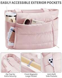 Puffer Tote Bag For Women, Lightweight Puffy Work Handbag Teacher Nurse Quilted Shoulder Bag For School Travel Gym - 粉色 - 查看 4