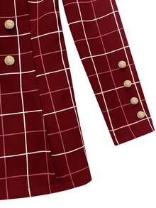 Women's Button-Front Long Sleeve Notched Collar Plaid Casual Blazer - Red - View 3