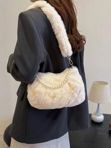 Geantă de mână plisată din pluș, la modă, cu decor de lanț de perle, culoare solidă, geantă de umăr portabilă pentru femei, potrivită pentru toamnă/iarnă, ideală pentru cadouri de sărbători