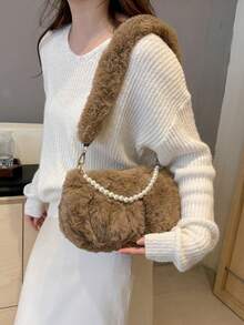 Geantă de mână plisată din pluș, la modă, cu decor de lanț de perle, culoare solidă, geantă de umăr portabilă pentru femei, potrivită pentru toamnă/iarnă, ideală pentru cadouri de sărbători