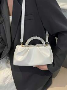 New Fashion Pearl Handbag Mini Square Bag, Shoulder & Crossbody Bag, Phone Pouch, Pearl Handbag For Wedding Party,Rookies & White-Collar Workers For Teacher Gifts/For Girl, Teen Girls For Lady For Business/Commute/Work/Office For Festivals/Vacation/Holiday For Outdoors/Outings/Travel/Hiking For Summer For Autumn And Winter For Fall Essential Fashionable Beige Canvas Retro Contrast PU Mini Handbag,Beach Bag,Holiday Essentials,Travel Bag - White - View 6