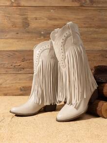 Women Cowgirl Western Boots Fringe Tassel Chunky Block Heels For Mid Calf Slip On Retro Casual Fashion Festival Ridding Shoes Beige Boots - 米色 - 查看 3