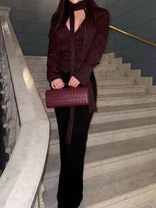 Women's Elegant Striped Blazer Jacket, Women's Scarf Tie-Up V-Neck Long Sleeve Luxury Outerwear Jacket - Red - View 5