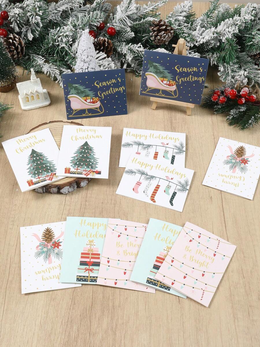 24 Piezas Juego de Tarjetas de Felicitación Navideñas Pequeñas, Incluyendo 12 Tarjetas de Nota y 12 Sobres, Tarjeta de Feliz Navidad con Diseños de Regalo, Árbol de Navidad, Piña, Calcetín Navideño y Trineo, Favores para Fiesta de Navidad, Regalos de Navidad, Suministros para Fiesta de Navidad, Decoraciones Navideñas para el Hogar, Decoraciones de Año Nuevo, Decoraciones de Invierno, Regalos de Navidad Ideales para Amigos y Familia - Multicolor - Ver 1