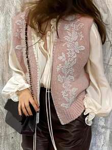 Alicedudu Chaleco de mujer con bordado floral hecho a mano, para otoño/invierno - Rosa - Ver 5