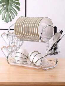 Estante de cocina de metal en forma de S de 2 niveles - Drenaje de doble capa para tazas y platos, organizador de gabinetes que ahorra espacio, solución de almacenamiento de encimera de hierro beige, organización de gabinetes | Estante elegante para platos | Estante metálico resistente - Plateado - Ver 2