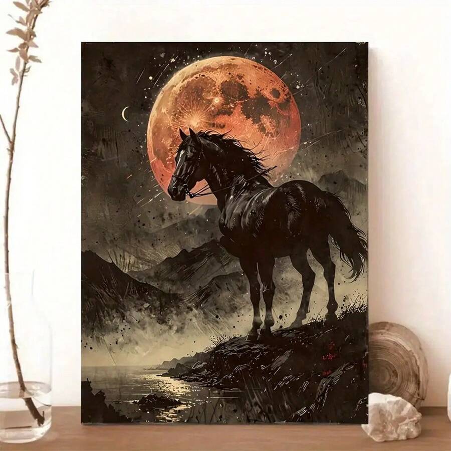 1 Pc Canvas Painting,Black Horse Under The Full Blood Moon Canvas Art Print -  Wall Decoration With Gothic Style , Wooden Framed Art,High Quality ,Anxiety Calming Abstract Art - Rental Friendly Canvas Set For Bedroom - Therapy Decor To Heal Your Space,Thickness 2. 25cm/1inch Wall Art Prints Poster Direct Hanging Decor For Home Gifts,Rental Friendly Items,Living Room, Bathroom, Bedroom, Kitchen,Bar,Office,Small Space Solution,Therapy Decor - Black - View 1