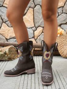 planare 女士时尚休闲一脚蹬摩托车靴，西部风格粗跟鞋，秋季深棕色鞋子，秋季，长靴，橡胶鞋，冬季靴子，中筒靴，女士时尚靴子 - 深棕色 - 查看 5