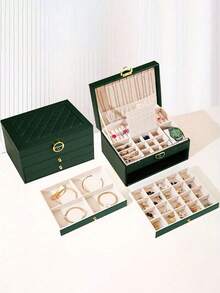 1pc Rhombus PU Leather Multi-Layer Jewelry Box, Ladies Girls Decorative Lock Jewelry Box, Luxury Large Capacity Multi-Layer Jewelry Storage Box, Suitable For Earrings, Rings, Watches, Necklaces And Bracelets, Anti-Oxidation Storage Box, With 2-Layer Display Ring-Earring-Necklace Storage Box, Lockable Jewelry Box For Earrings, Rings, Bracelets, Necklaces, Jewelry Storage Box, Valentine's Day Gift, Back To School Gift