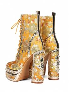Yellow Embroidered Fabric Thick High-Heeled Short Boots, Daily Party Boots - 黃色 - 查看 8