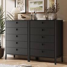 BVFUKA Black 5 Drawer Dresser, Fluted Wood Chest Of Drawers, Modern Dresser With Deep Drawers For Clothes, Large Capacity Storage Cabinet For Bedroom,Living Rooms,Offices And Entryways - 黑色 - 查看 9