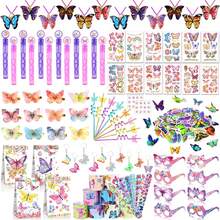 158Pcc Butterfly Party Favors Fairy Birthday Party Supplies Straw Hairpin Pendant Bubble Wand Slap Bracelet Keychain Sticker Shooting Glasses Gift Prize Gift Bag Filler Butterfly Decoration Party - 粉色 - 查看 1