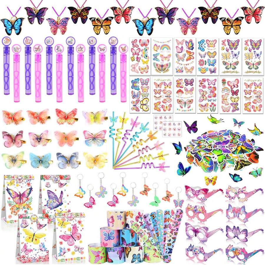 158Pcc Butterfly Party Favors Fairy Birthday Party Supplies Straw Hairpin Pendant Bubble Wand Slap Bracelet Keychain Sticker Shooting Glasses Gift Prize Gift Bag Filler Butterfly Decoration Party - 粉色 - 查看 1