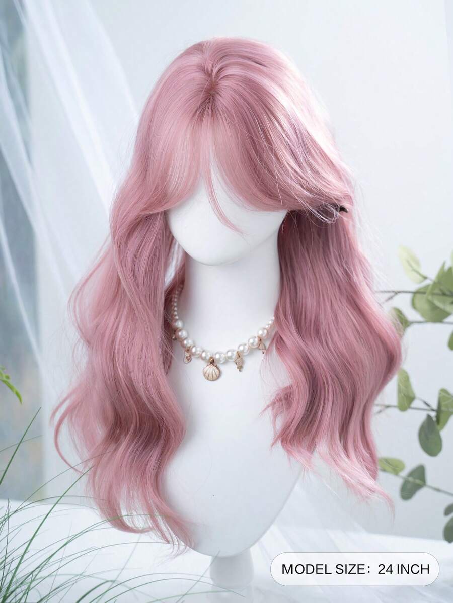 alicegarden 1 Synthetic Heat-Resistant Wig, Pink Curly Wig With Bangs, 24 Feet Long, Made Of Fiber, Suitable For Daily Use, Natural Simulation Wig - Pink - View 1
