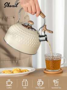 shoxil 1pc 2L Stainless Steel Whistling Kettle, Stainless Steel Tea Pot, Large Capacity Milk Tea Pot With Wooden Grain Handle, Fast Heating, Suitable For Induction Cooktop, Electric Stove And Gas Stove, Auto Whistle Coffee Pot, Home Kitchen - Teapot - View 3