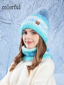 Women's Knitted Hat & Scarf 2 Pieces Set, Warm, Thick, Ombre Color, Fashion Versatile Beanie, Autumn/Winter Autumn Outfits Fluffy