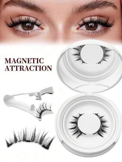 Waloshow 1 par de nuevas pestañas postizas magnéticas Five Seven, de tamaño adecuado, con adhesivos, reutilizables, sin necesidad de pegamento, para crear un look de maquillaje de ojos de gato natural sin delineador