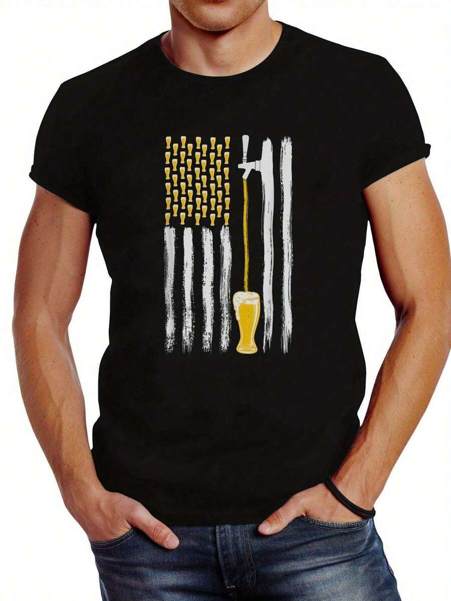 Flag Of 3, Fashion T- Shirt, Graphic, Affordable T- Shirt, Casual T-Shirt Graphic Tees, Graphic Tees, 100 Percent Cotton Shirts, Black Street Graphic Tees, Men's T-Shirt, Funny Graphic Vintage T Shirts, S-XXXL - 黑色-2 - 查看 1