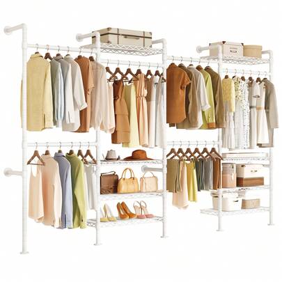 ONBRILL L4 Wall Mounted Industrial Pipe  Clothes Rack, Closet Organizer System With 6 Hanging Clothes Rods ( 4 Expandable Rods ), White Clothing Rack With 8 Shelves, Heavy Duty Corner Garment Rack, Large Storage Wardrobe Closet Kit