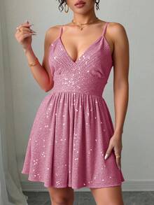 Vestido corto lentejuela sexy elegante dama mujer noche fiesta festival graduación cocktail boda noche vaccaciones jardín playa primavera verano - Rosa - Ver 1