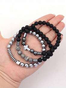 4Pcs/Set Volcanic Stone Wood Beads Multi-Layer Bracelets Unisex Combination Set Elastic Bracelet - Black - View 10