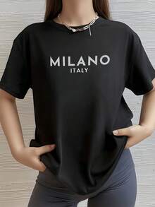 Blusa Milano Camisa de T con estampado digital de 220 gramos con texto 1 unidad de 100% algodón puro Estilo Simple Camiseta casual de manga corta para mujer de talla grande - Negro - Ver 1