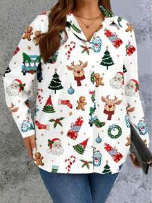 قميص نسائي كبير الحجم بطباعة عيد الميلاد وأكمام طويلة