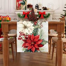 1 pieza Bandera de mesa navideña roja y blanca con flores, patrón de elementos como flores rojas y blancas, hojas, bayas, etc. Mantel, de poliéster/lino. Perfecta decoración para la Navidad, fiestas navideñas, decoración de habitaciones, decoración de mesa, decoración del hogar, decoración de cocina, decoración navideña, adornos navideños (2D)