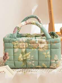 Floral Pattern Storage Basket Women Quilted Floral Laundry Baskets Small Storage Bin Laundry Organizers Easy Carry Handles Hampers Travel Tote Bag - Multicolor - View 7