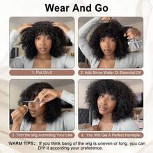 Short Water Wave Bob Wig With Bangs Human Hair Glueless Curly Wigs For Women Natural Black (14 Inch, Put On And Go Style) - Natural Black - 查看 4