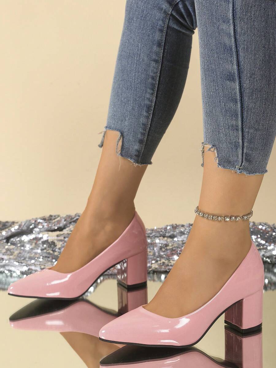 女士极简主义大码尖头漆皮高跟鞋，流畅的设计，简约优雅，时尚百搭，2025 年秋季新品；适合通勤、购物、约会；女士一脚蹬高跟鞋 - 粉色 - 查看 1