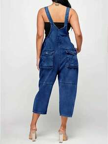 Street Style Women's Denim Overalls, Capri Pant,Solid Color Denim Cropped Pants, Mid Waist Non Elastic, Casual And Versatile, Youthful Looking, Suitable For All Seasons, Paired With Multiple Button Decorations, Retro Casual, Suitable For Back To School Season, Commuting, Going Out, Vacation, Lazy Style, Retro Parties, Gatherings, Banquets. - Rửa tối - Xem 2