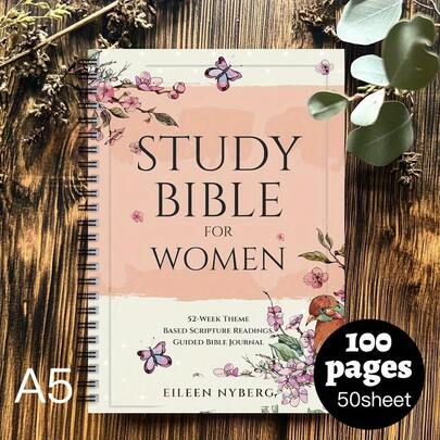 Caderno espiral floral de 1 peça - Estudo bíblico feminino, tema de 52 semanas, diário cristão de 100 páginas por página para estudo bíblico e oração, presente religioso rosa elegante, adequado para igreja, amigos, família, colegas, registro espiritual, decoração floral, design de capa artística, impressão de alta qualidade, papel durável